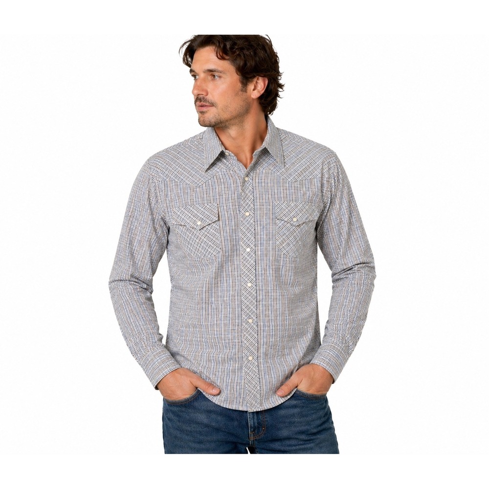 Wrangler‎ Wrancher Mens Large Grey Green Plaid Western Pearl Snap Shirt